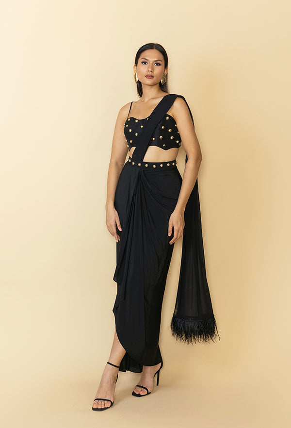 PRE- DRAPPED STUDDED FEATHER SAREE