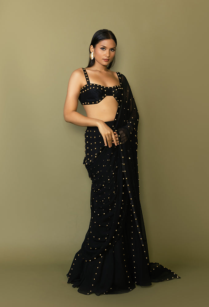 STUDDED PRE- DRAPPED SAREE WITH DITACHABLE  DUPATTA