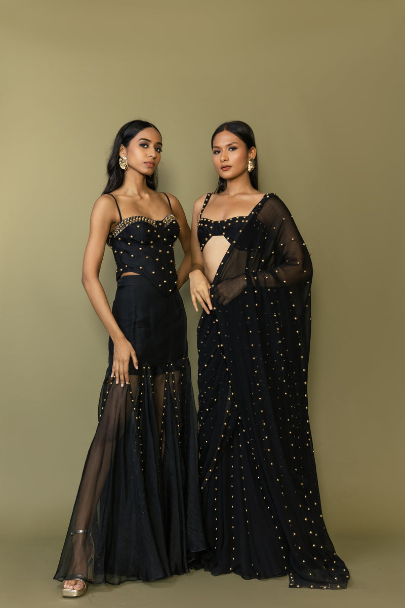 STUDDED PRE- DRAPPED SAREE WITH DITACHABLE  DUPATTA