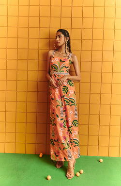 Long strappy jumpsuit with bold statement buttons