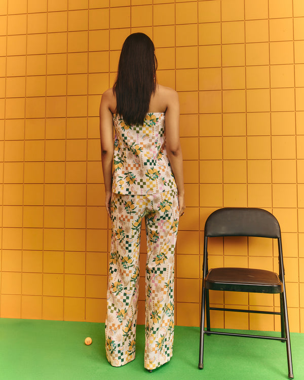 Tube with statement buttons and pocket detailing with flare pants
