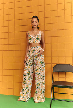 CORSET BUSTIER WITH FLARE PANTS WITH STATEMENT BUTTONS
