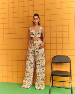 Corset bustier with flare pants with statement buttons