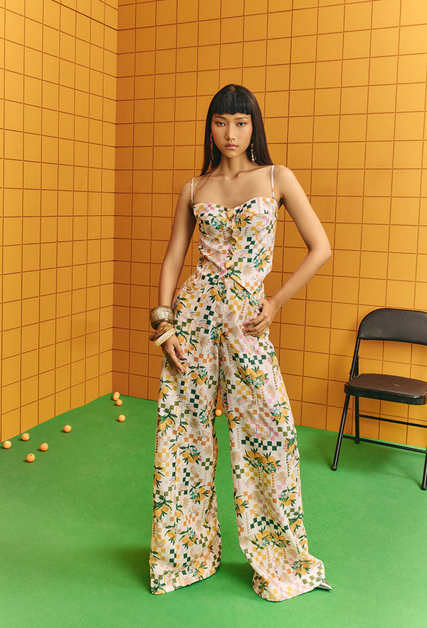 CORSET WITH BOLD STATEMENT BUTTONS WITH FLARE PANTS
