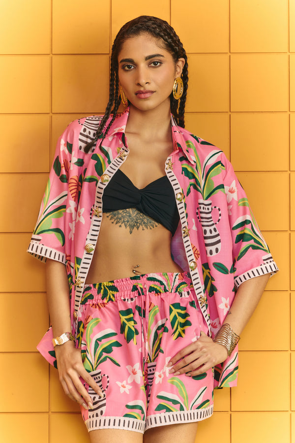 Shirt with statement buttons plus drawstring shorts