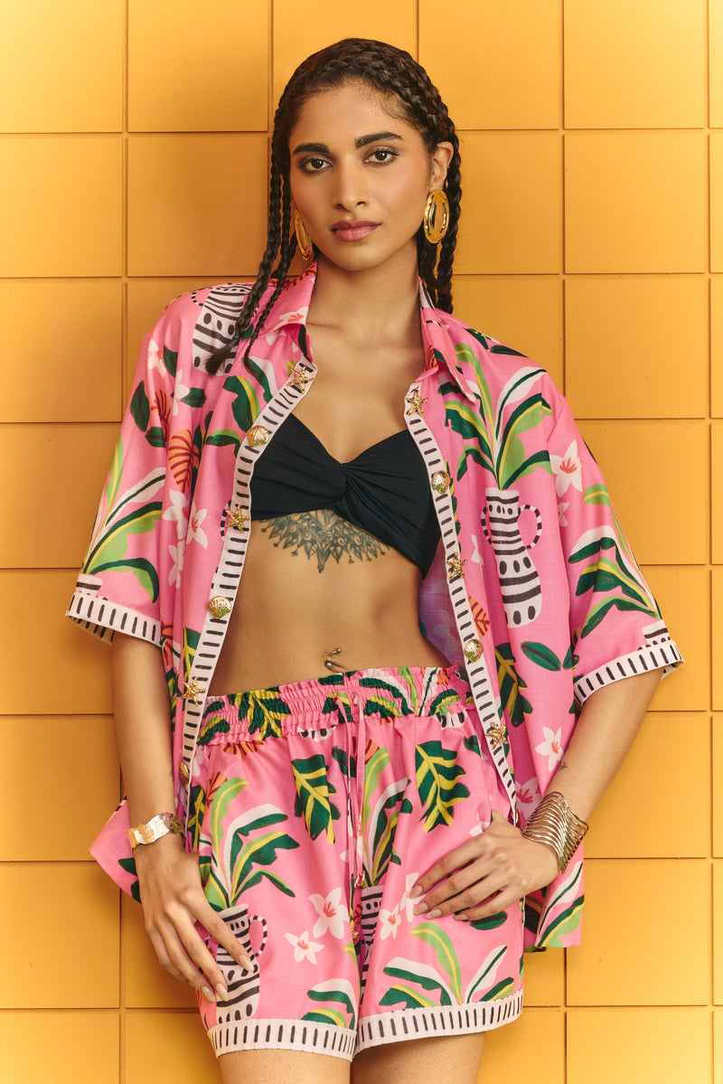 Shirt with statement buttons plus drawstring shorts