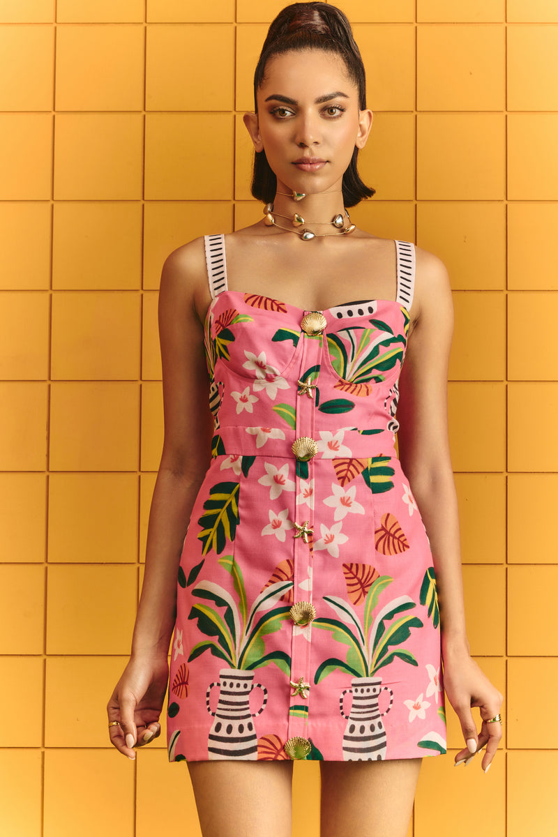 Corset short strap dress with bold statement buttons