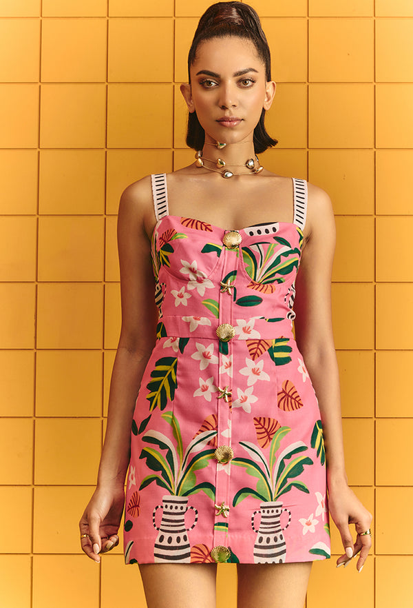 CORSET SHORT STRAP DRESS WITH BOLD STATEMENT BUTTONS