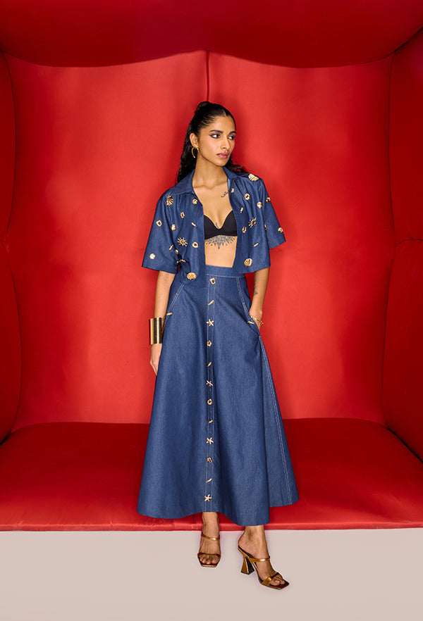 Crop blazer with bold statement buttons and midi skirt