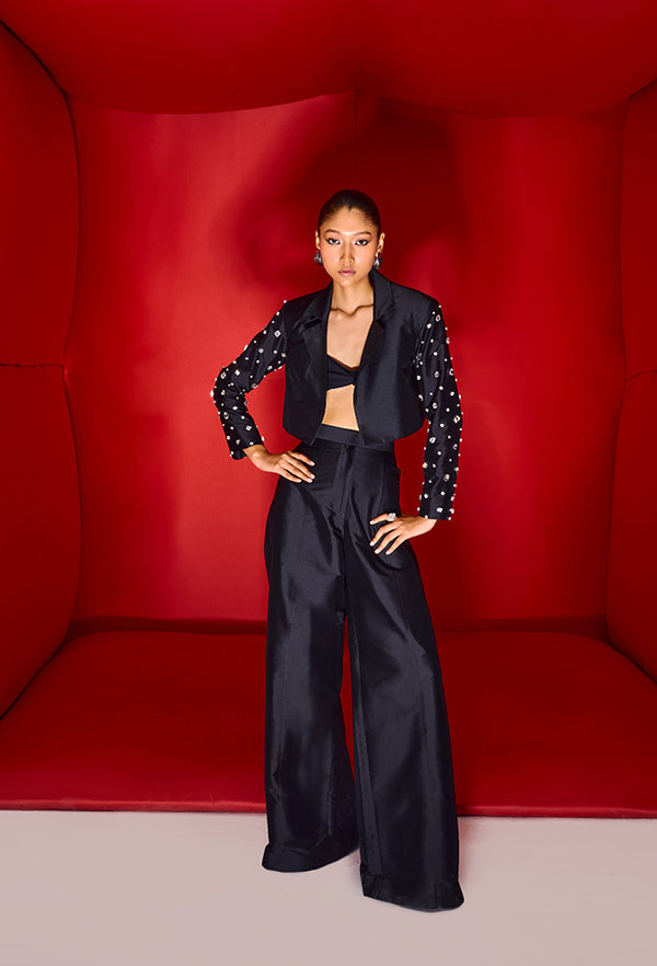 CROP BLAZER WITH RHINESTONE STUDDED SLEEVES WITH PANT