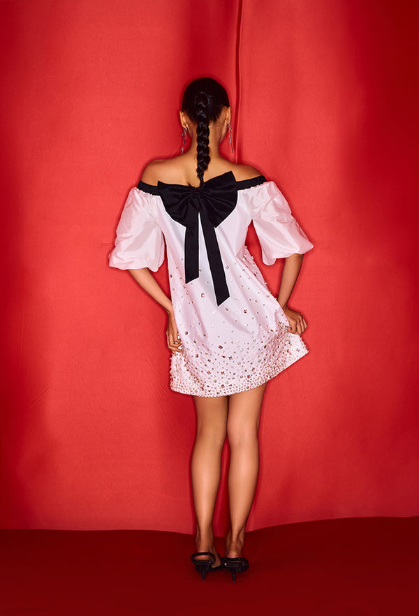 RHINESTONE STUDDED OFF SHOULDER SHORT DRESS WITH A BACK BOW