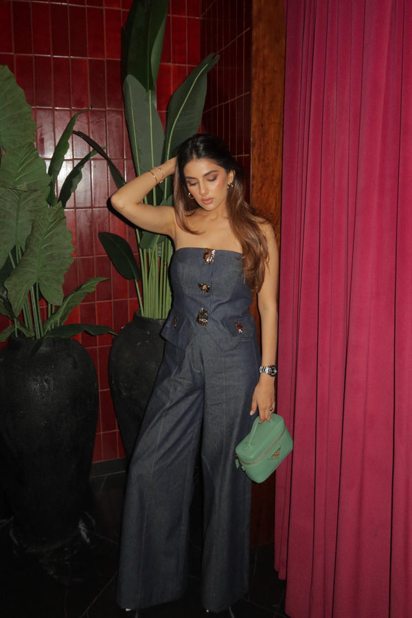 Dark blue tube denim with bold buttons with flare pants
