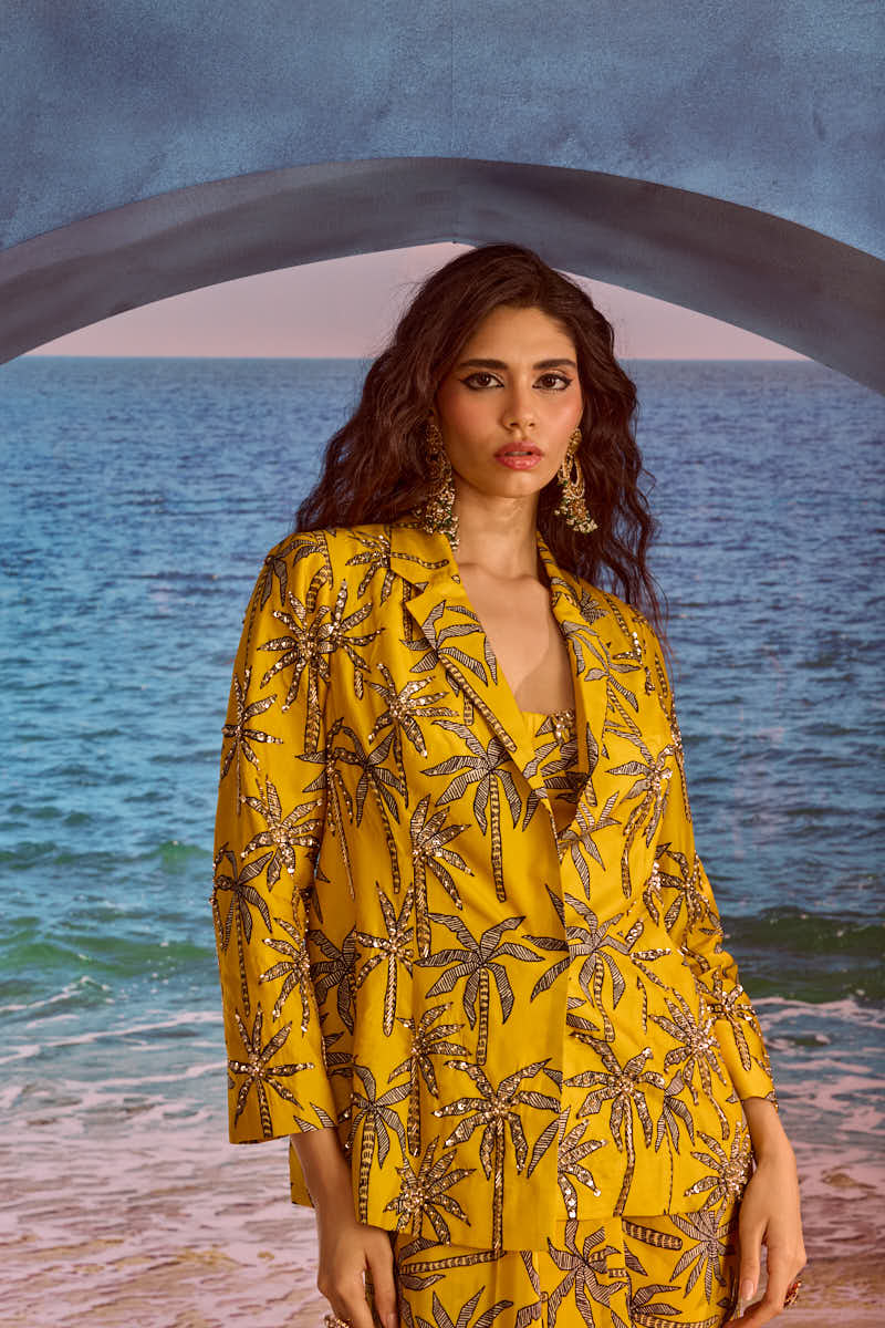 LE PALM EMBELLISHED BLAZER WITH DRAPE CORSET