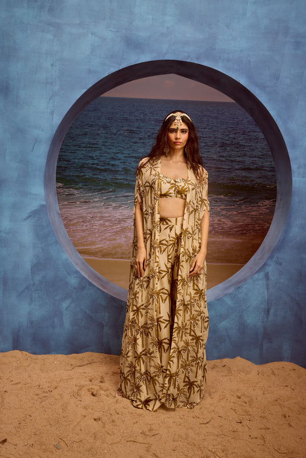 LE PALM EMBELLISHED CAPE WITH SHARARA AND BUSTIER