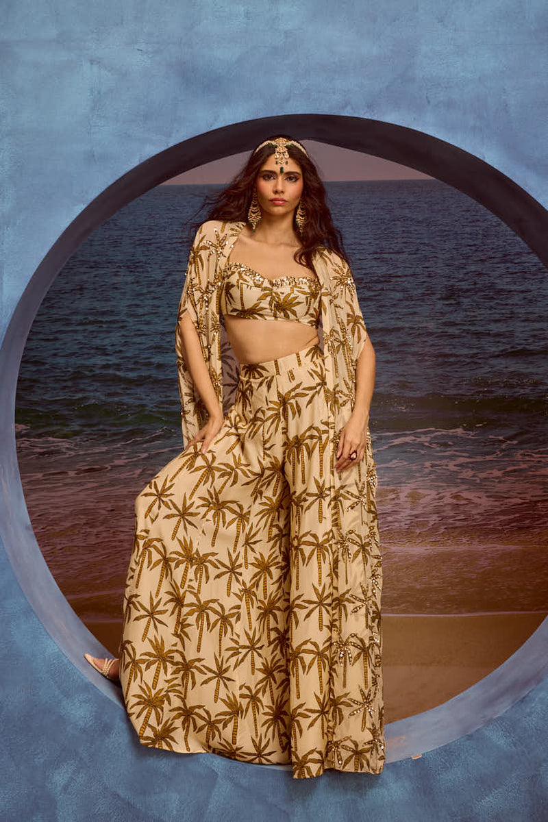 LE PALM EMBELLISHED CAPE WITH SHARARA AND BUSTIER