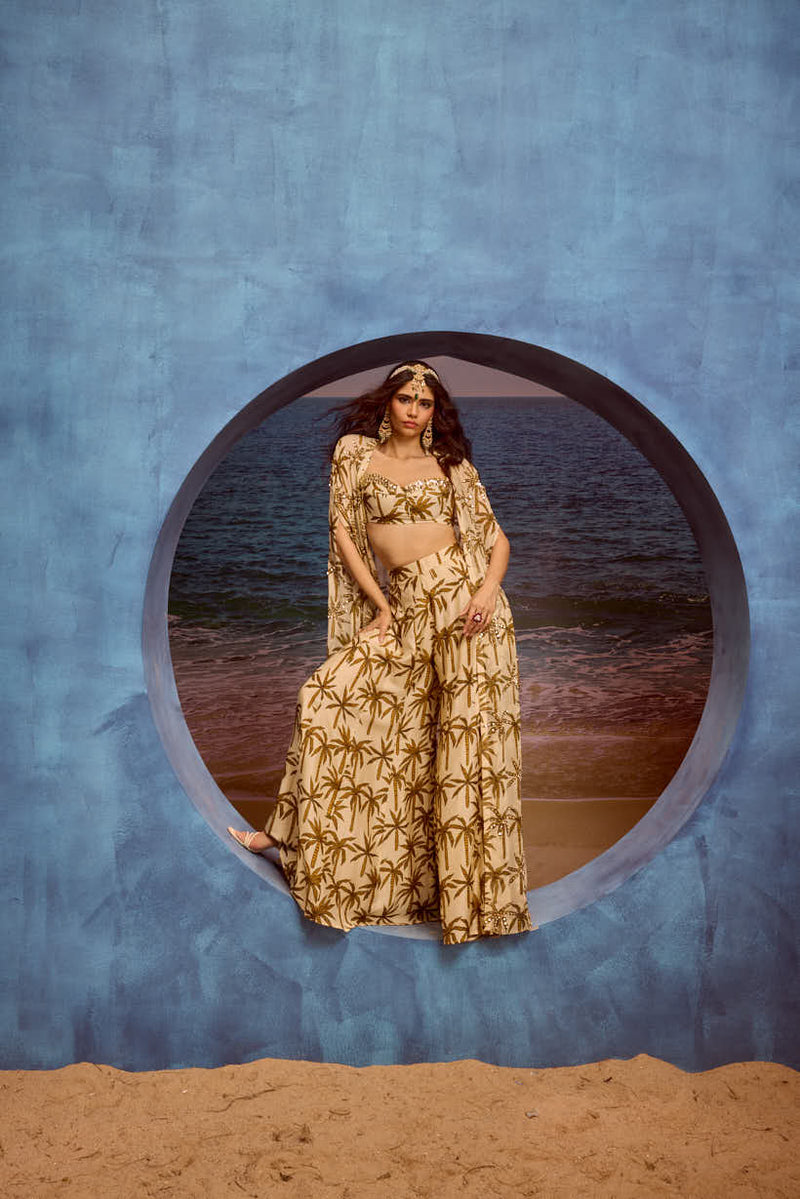 LE PALM EMBELLISHED CAPE WITH SHARARA AND BUSTIER