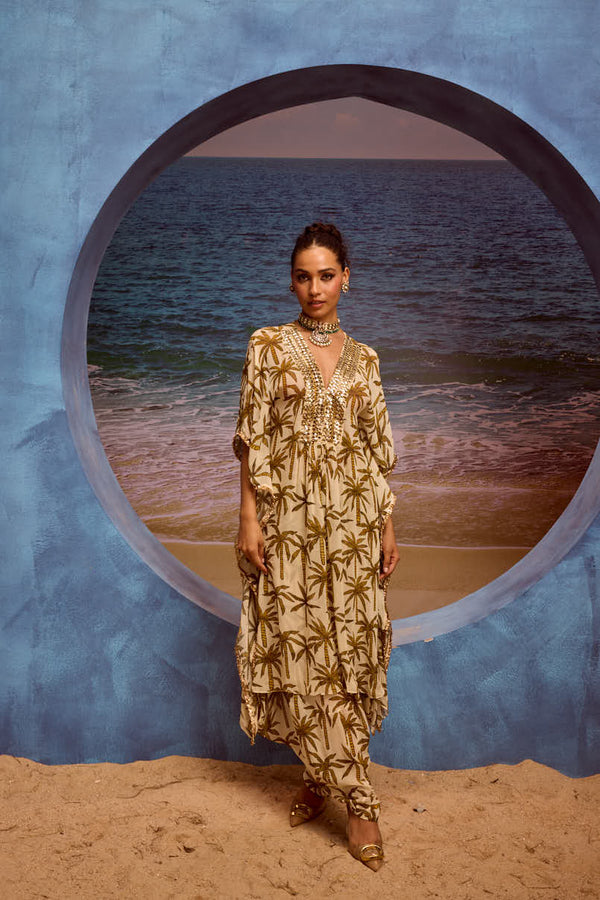 LE PALM KAFTAN WITH EMBELLISHED YOKE AND COWL PANTS