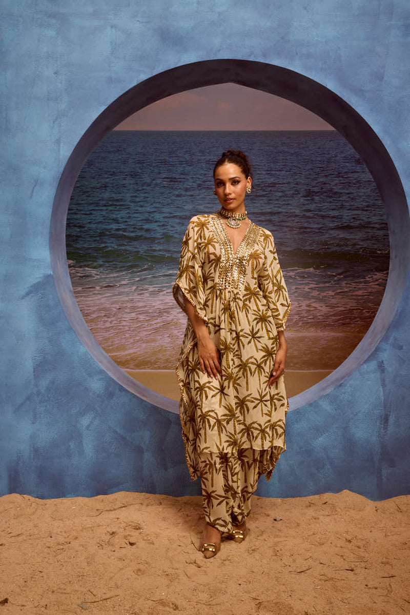 LE PALM KAFTAN WITH EMBELLISHED YOKE AND COWL PANTS