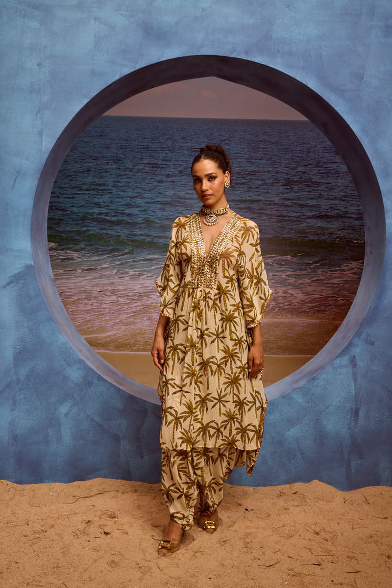 LE PALM KAFTAN WITH EMBELLISHED YOKE AND COWL PANTS