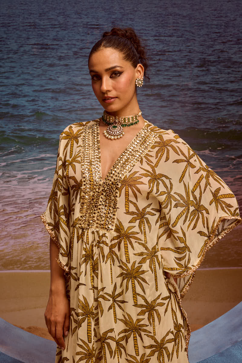 LE PALM KAFTAN WITH EMBELLISHED YOKE AND COWL PANTS