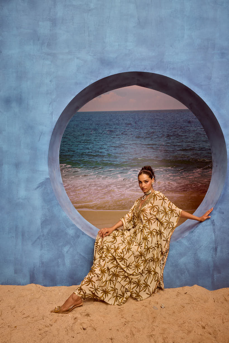 LE PALM KAFTAN WITH EMBELLISHED YOKE AND COWL PANTS