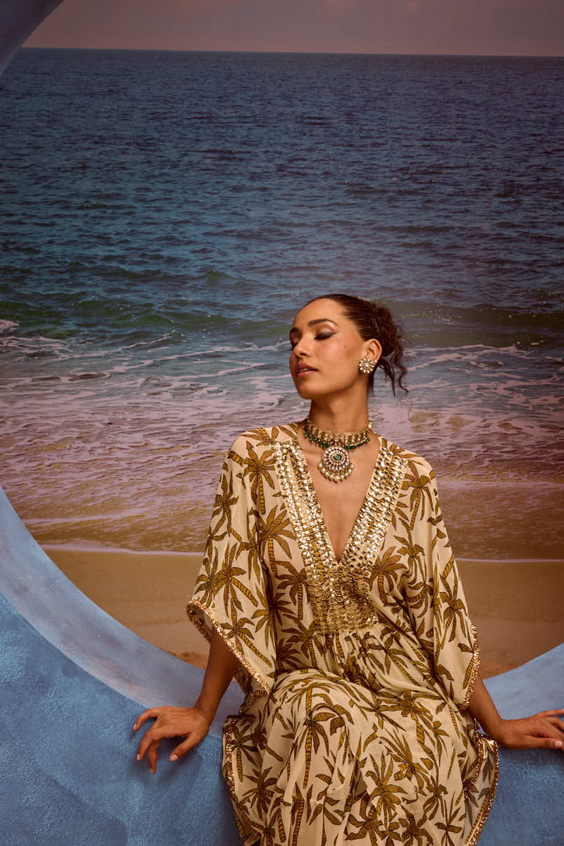 LE PALM KAFTAN WITH EMBELLISHED YOKE AND COWL PANTS