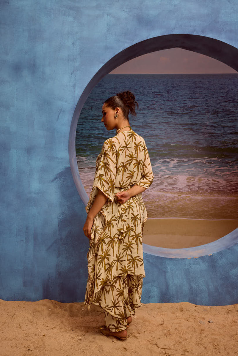 LE PALM KAFTAN WITH EMBELLISHED YOKE AND COWL PANTS