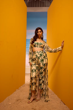 LE PALM EMBELLISHED JACKET WITH BUSTIER AND CIGARETTE PANT