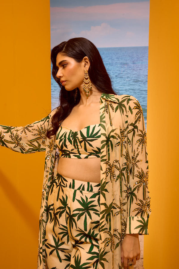 LE PALM EMBELLISHED JACKET WITH BUSTIER AND CIGARETTE PANT