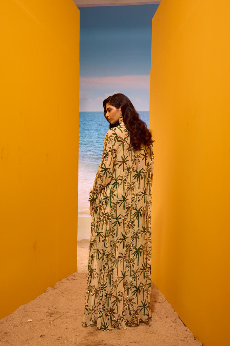 LE PALM EMBELLISHED JACKET WITH BUSTIER AND CIGARETTE PANT