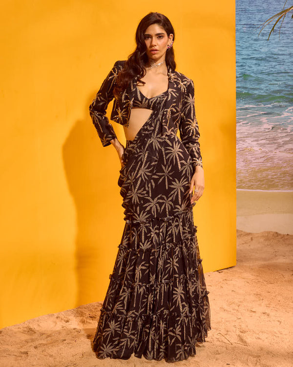 LE PALM TIER SAREE WITH A CROP BLAZER