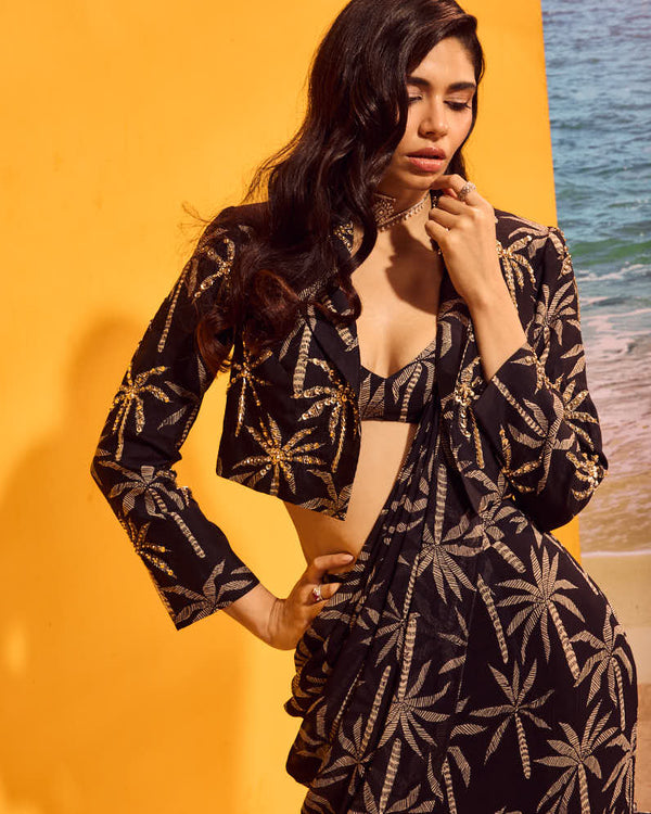 LE PALM TIER SAREE WITH A CROP BLAZER