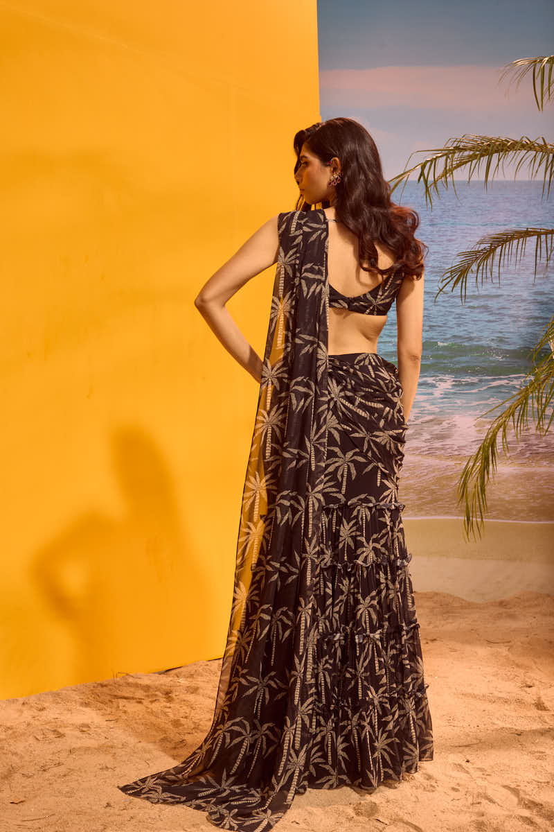 LE PALM TIER SAREE WITH A V NECK BLOUSE