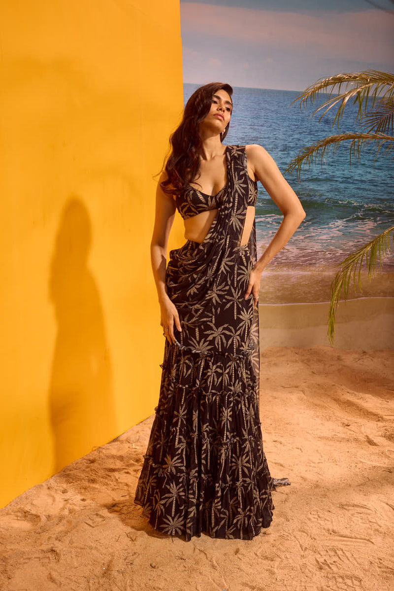 LE PALM TIER SAREE WITH A V NECK BLOUSE