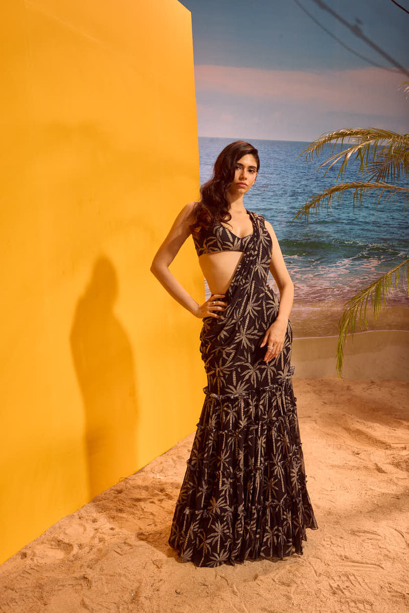 LE PALM TIER SAREE WITH A V NECK BLOUSE