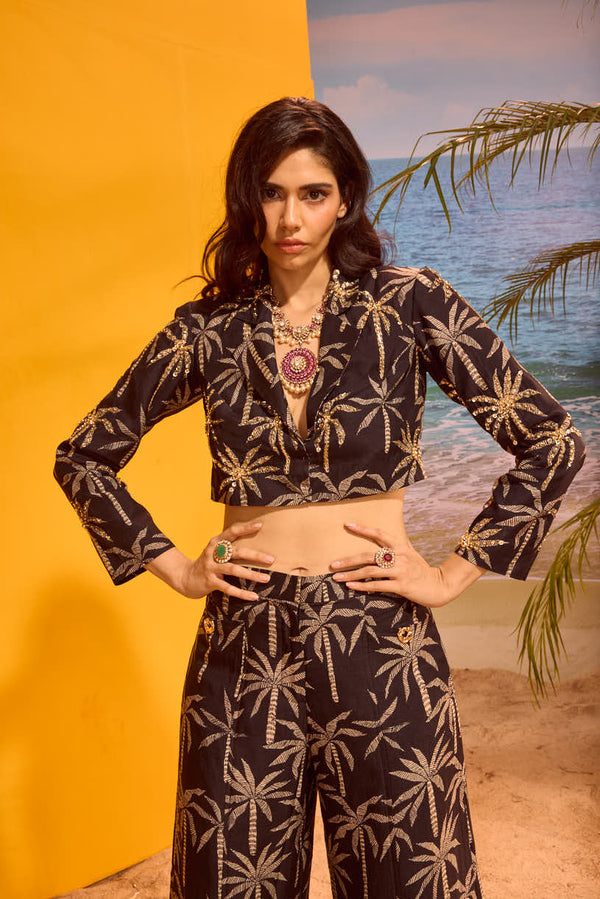LE PALM EMBELLISHED BLACK BLAZER SET