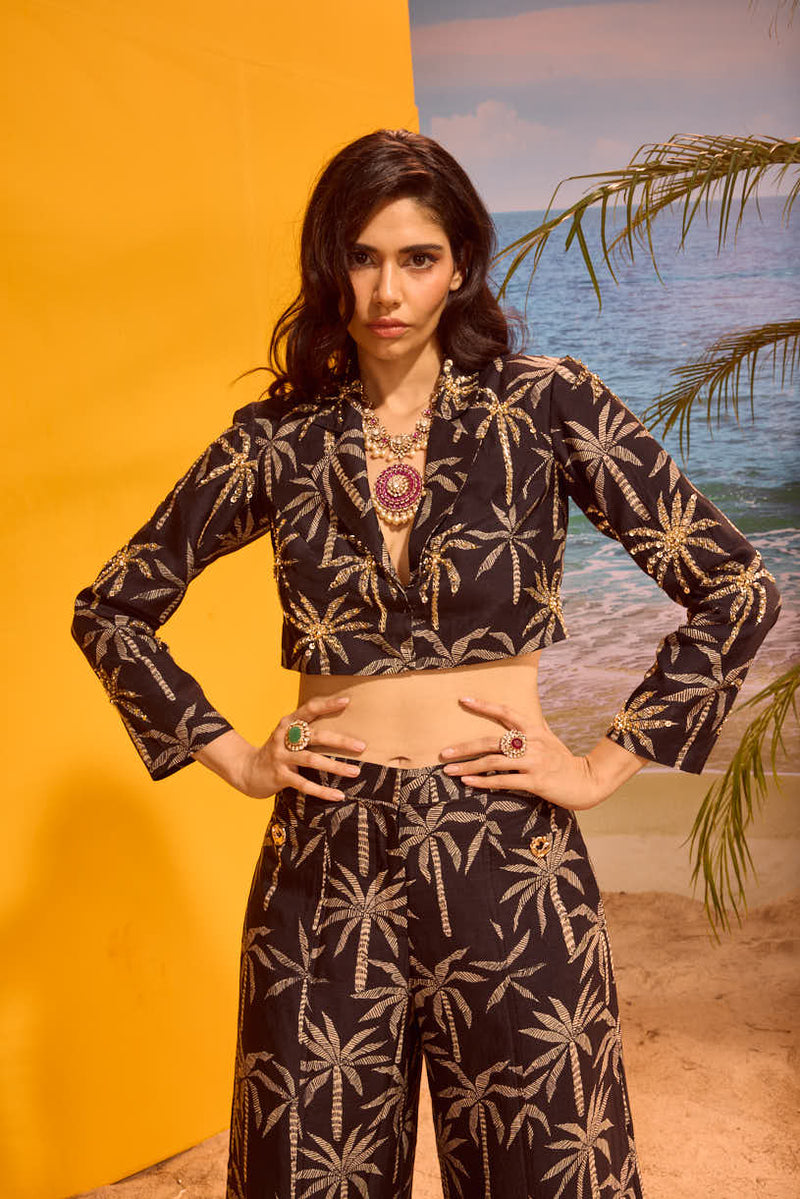 LE PALM EMBELLISHED BLACK BLAZER SET