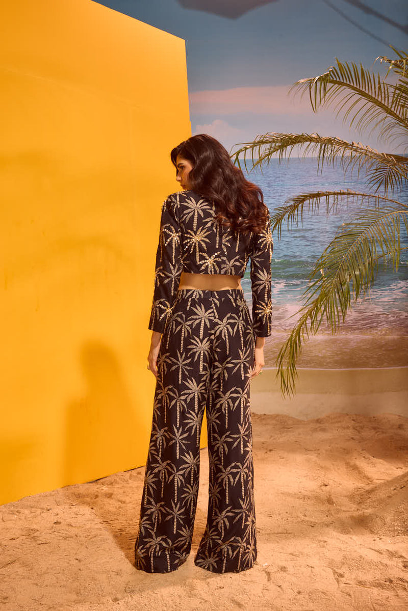 LE PALM EMBELLISHED BLACK BLAZER SET
