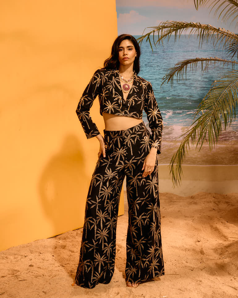 LE PALM EMBELLISHED BLACK BLAZER SET