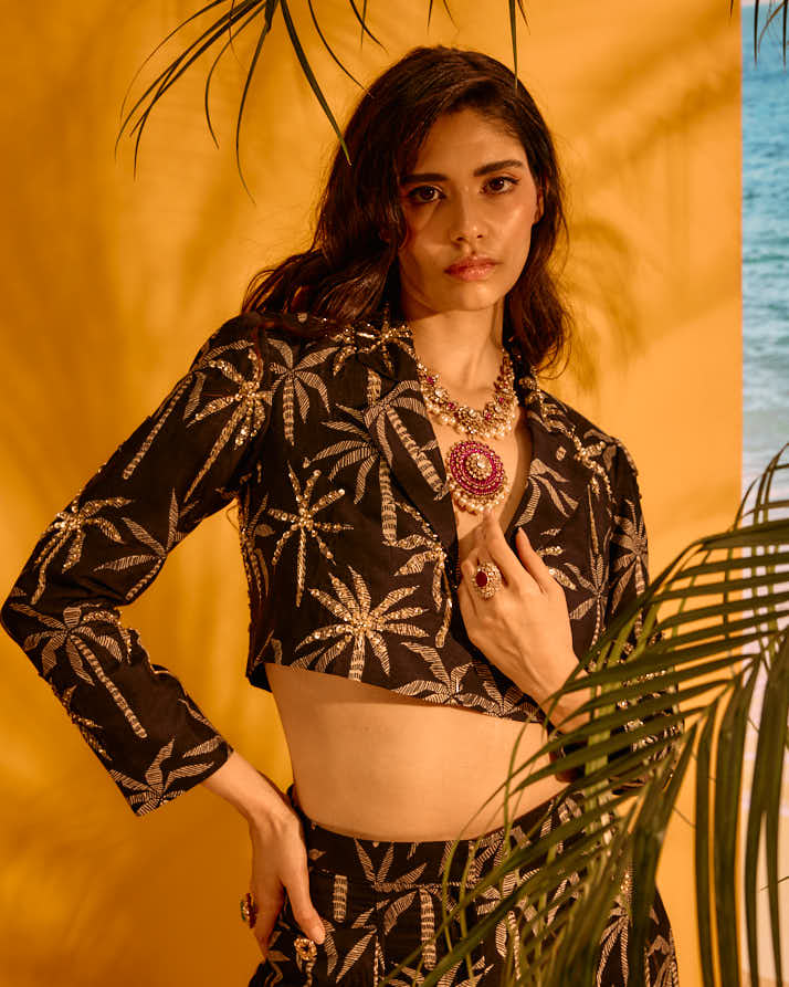 LE PALM EMBELLISHED BLACK BLAZER SET