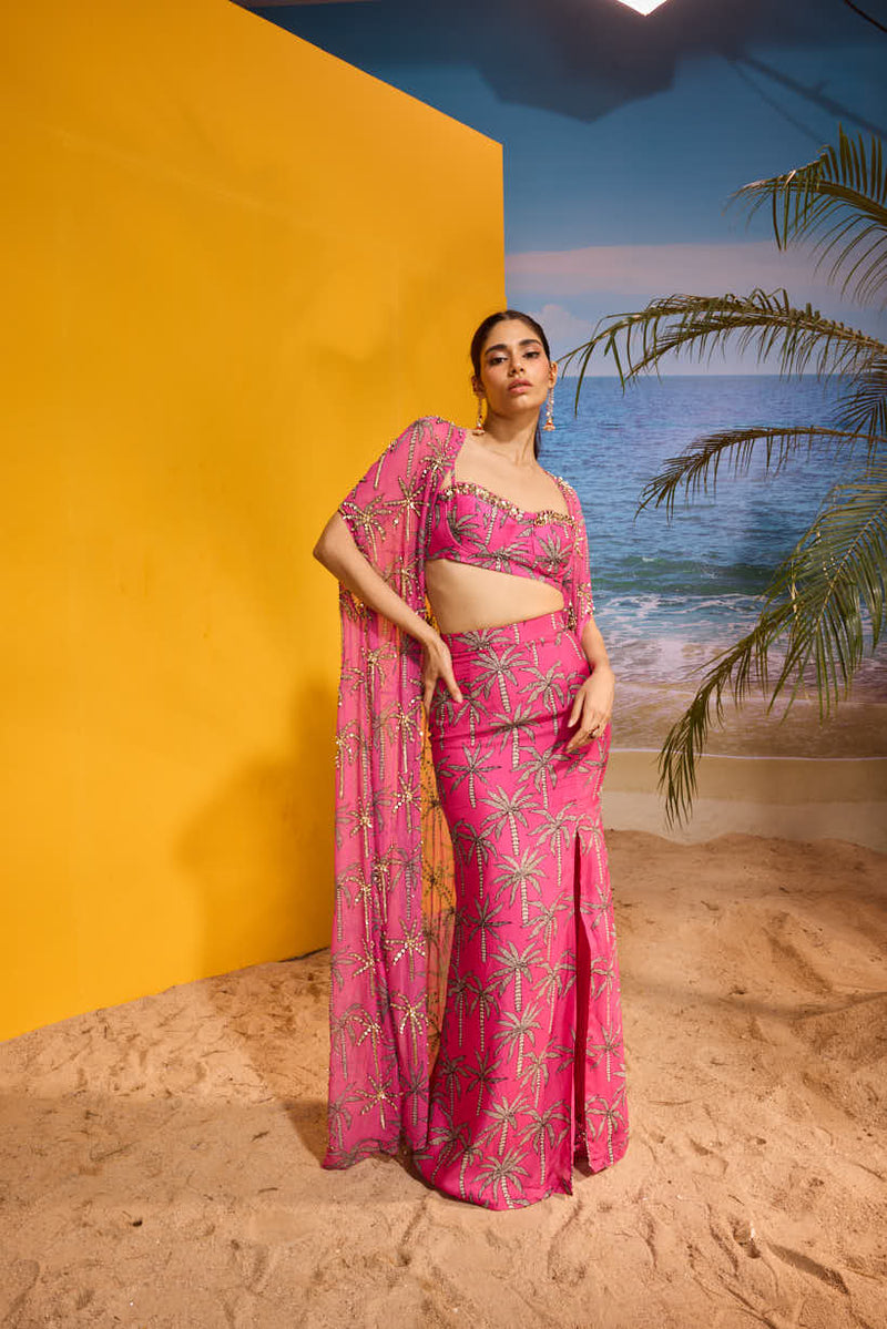 LE PALM EMBELLISHED CAPE SET WITH SLIT SKIRT