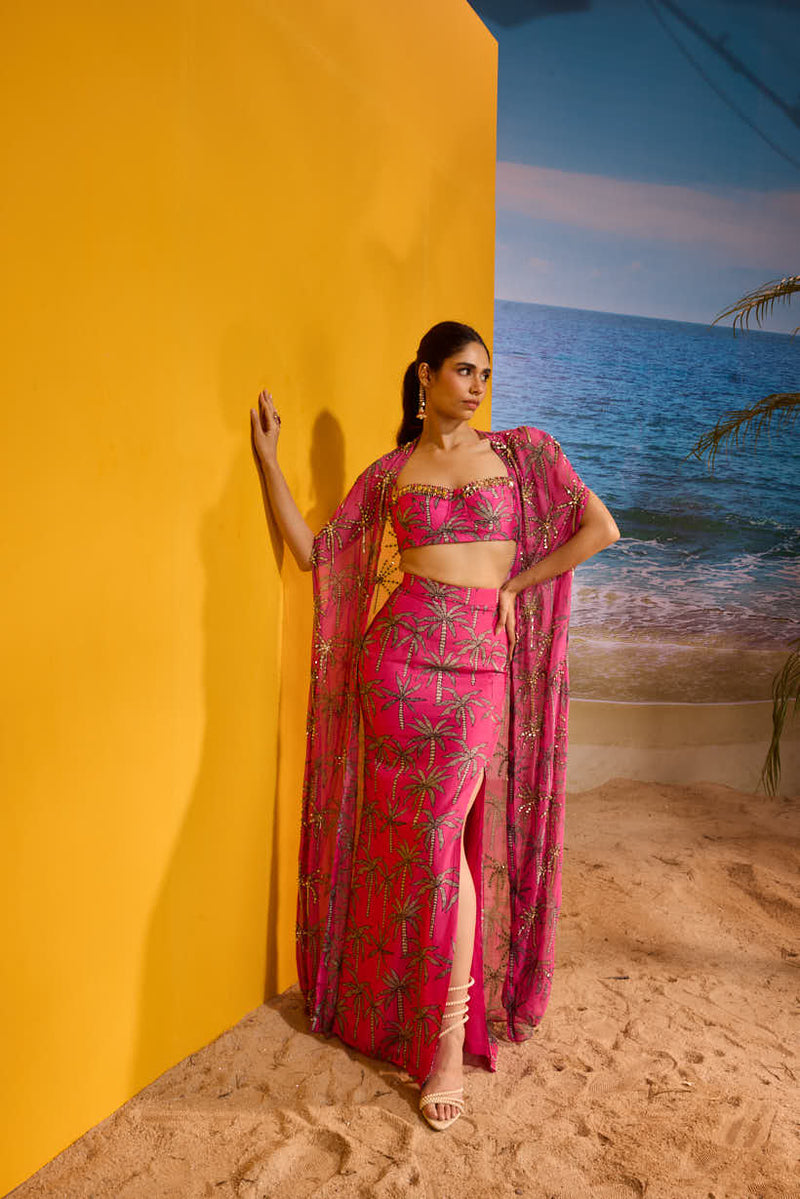 LE PALM EMBELLISHED CAPE SET WITH SLIT SKIRT