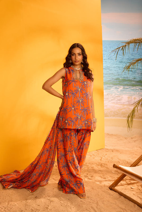 ORANGE KURTA SET WITH EMBELLISHED YOKE