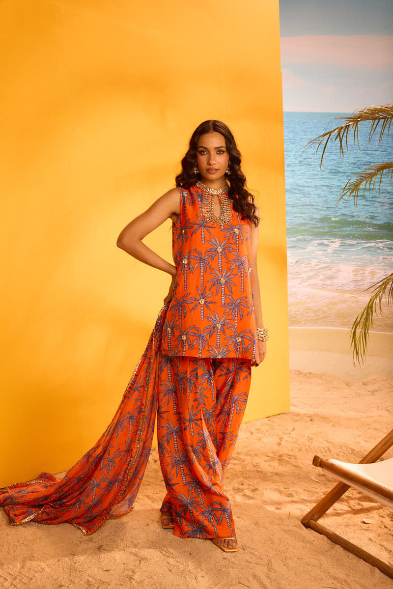 ORANGE KURTA SET WITH EMBELLISHED YOKE